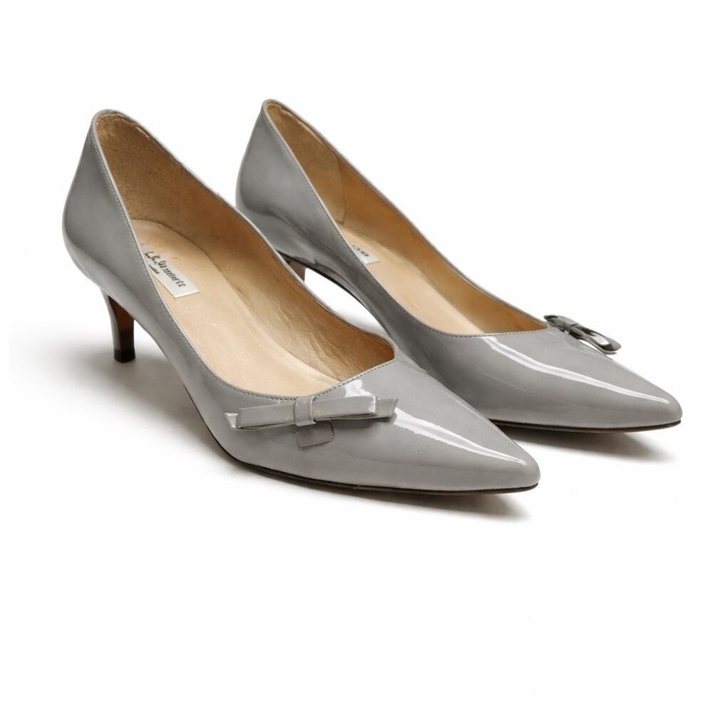 LK Bennett Grey Patent Leather Bow Kitten Heels Pointed Toe Pumps Size 38 / 7.5